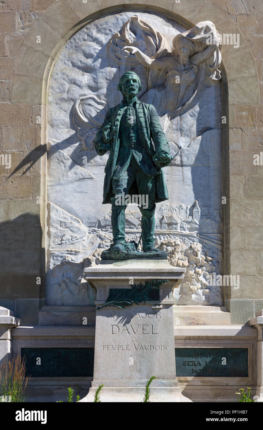 Statue of Abraham Davel against the front wall of the Château Saint-Maire, Lausanne, Switzerland Stock Photo