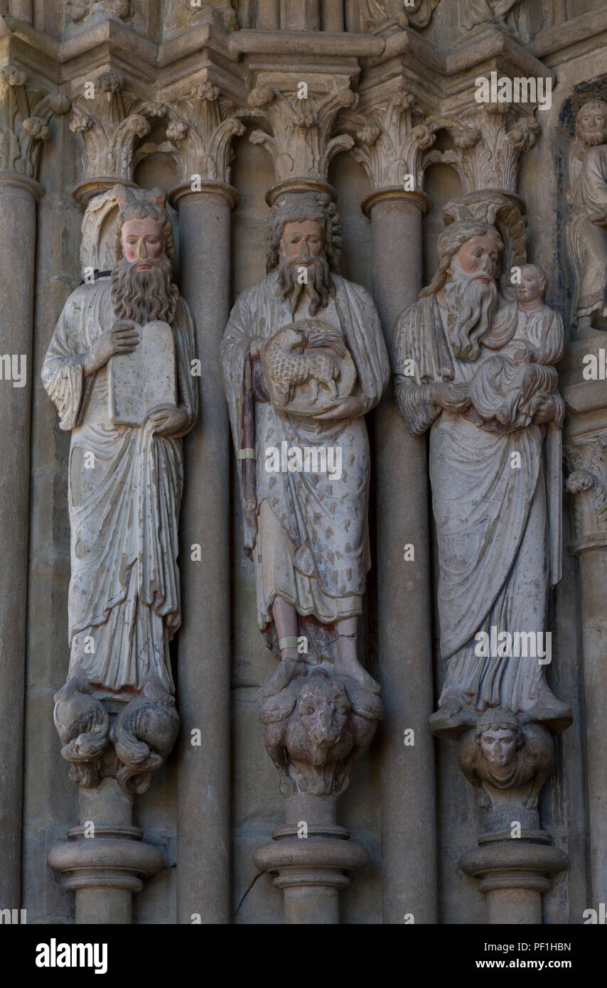 Moses, John the Baptist and Simeon to the left of the South door of Lausanne Cathedral Stock Photo