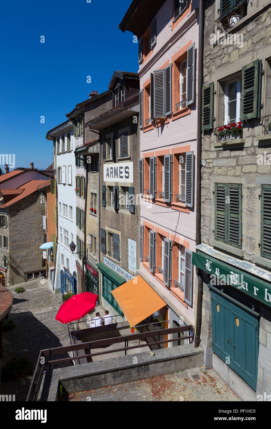 Old properties alongside the Escaliers du Marché staircase, Lausanne, Switzerland. Stock Photo