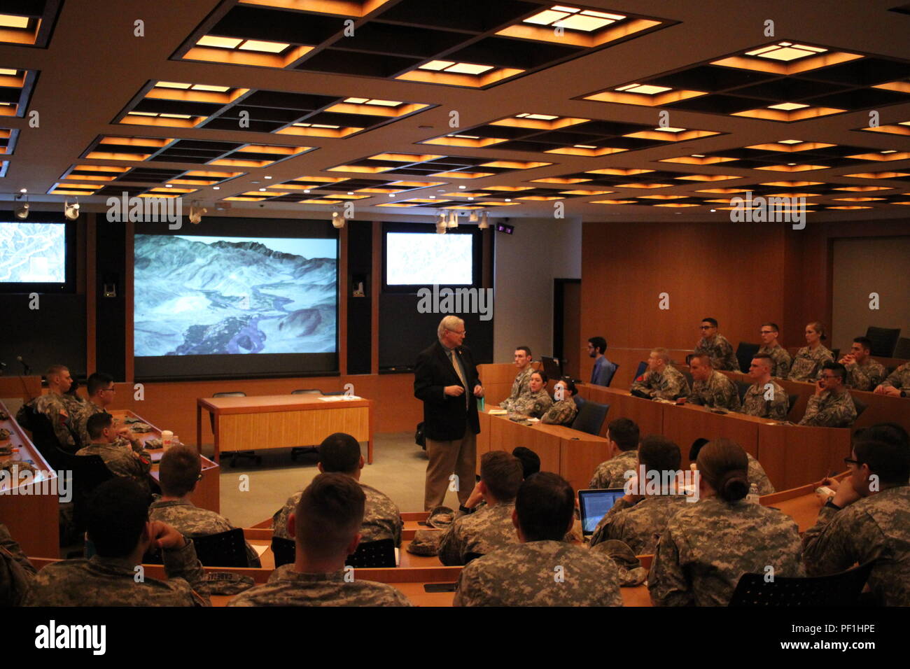 Dr. Daniel Jordan leads cadets from Princeton, Rutgers, and Seton Hall universities through a virtual staff ride of the battle of Wanat in Afghanistan. The cadets were able to 'fly' through the terrain using computer-generated imagery. Stock Photo