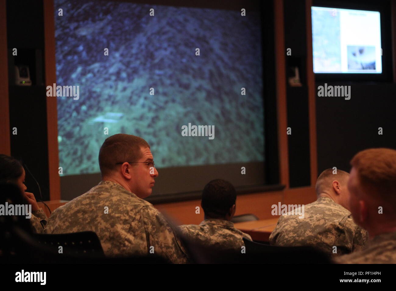 Cadets from Princeton, Rutgers, and Seton Hall universities participate in a virtual staff ride of the battle of Wanat in Afghanistan. The cadets were able to 'fly' through the terrain using computer-generated imagery. Stock Photo