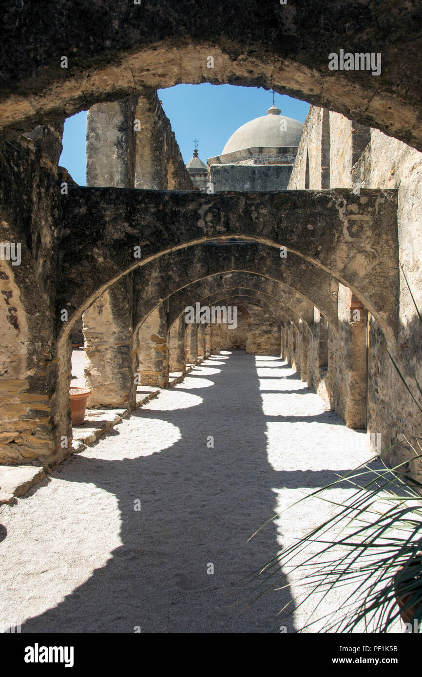 Mission San Jose San Antonio Mission National Park Arched Walkway with Shadows Stock Photo