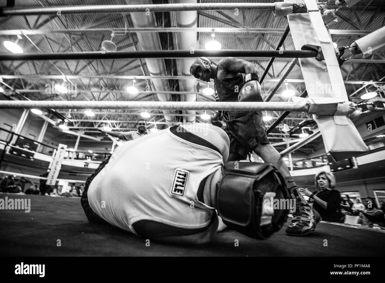A boxer looks over his downed opponent after delivering a knockout punch during a boxing