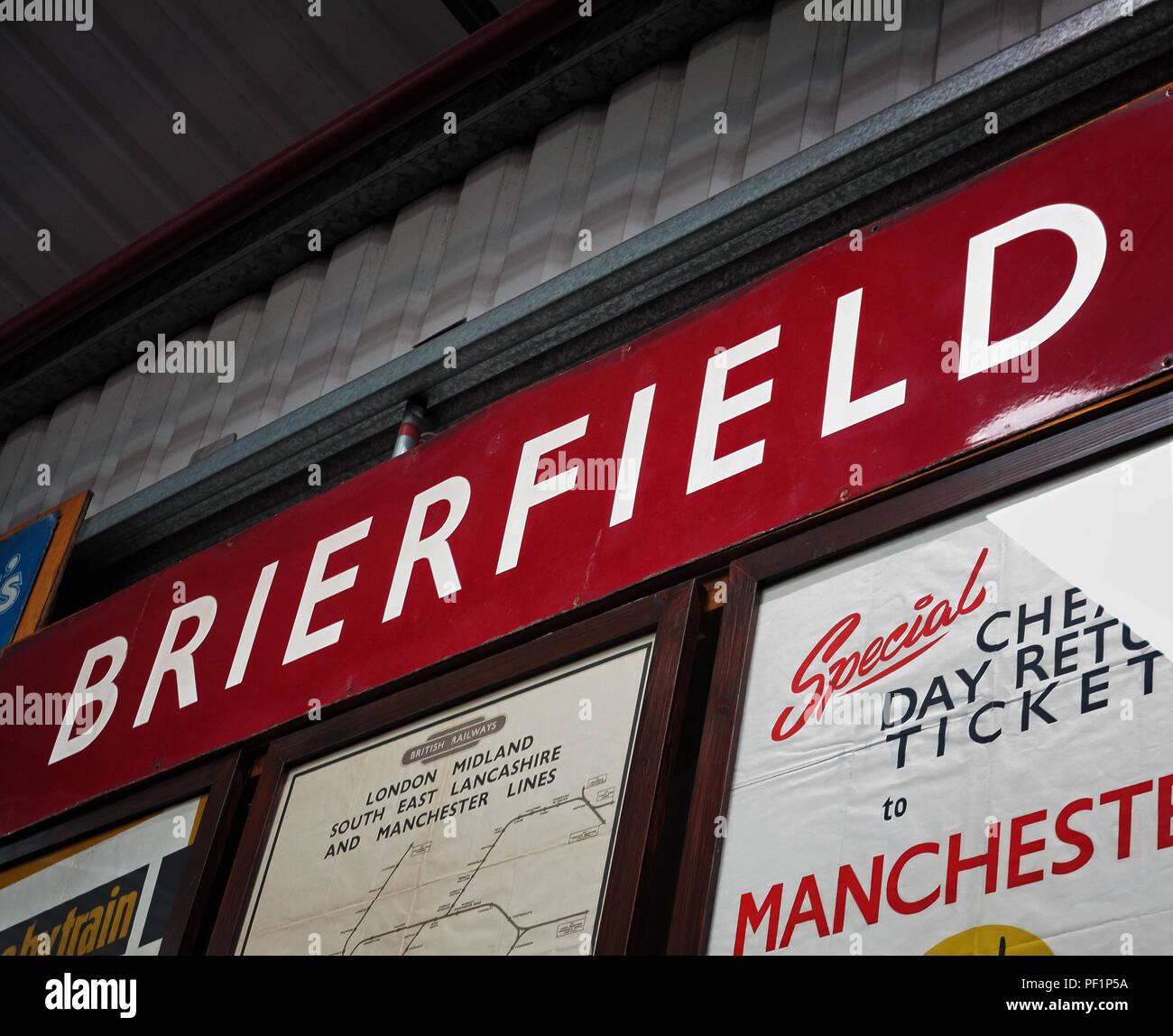The sign for brierfield station, at the Ingrow rail museum on the HWVR line Stock Photo