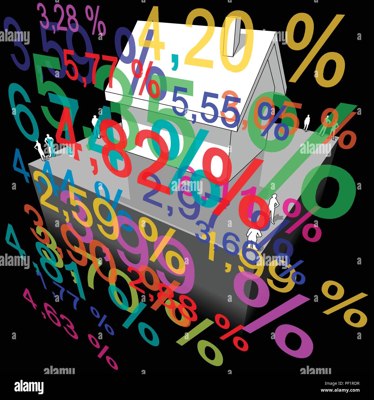 diagram of a detached house with many interest rate percents in front ...