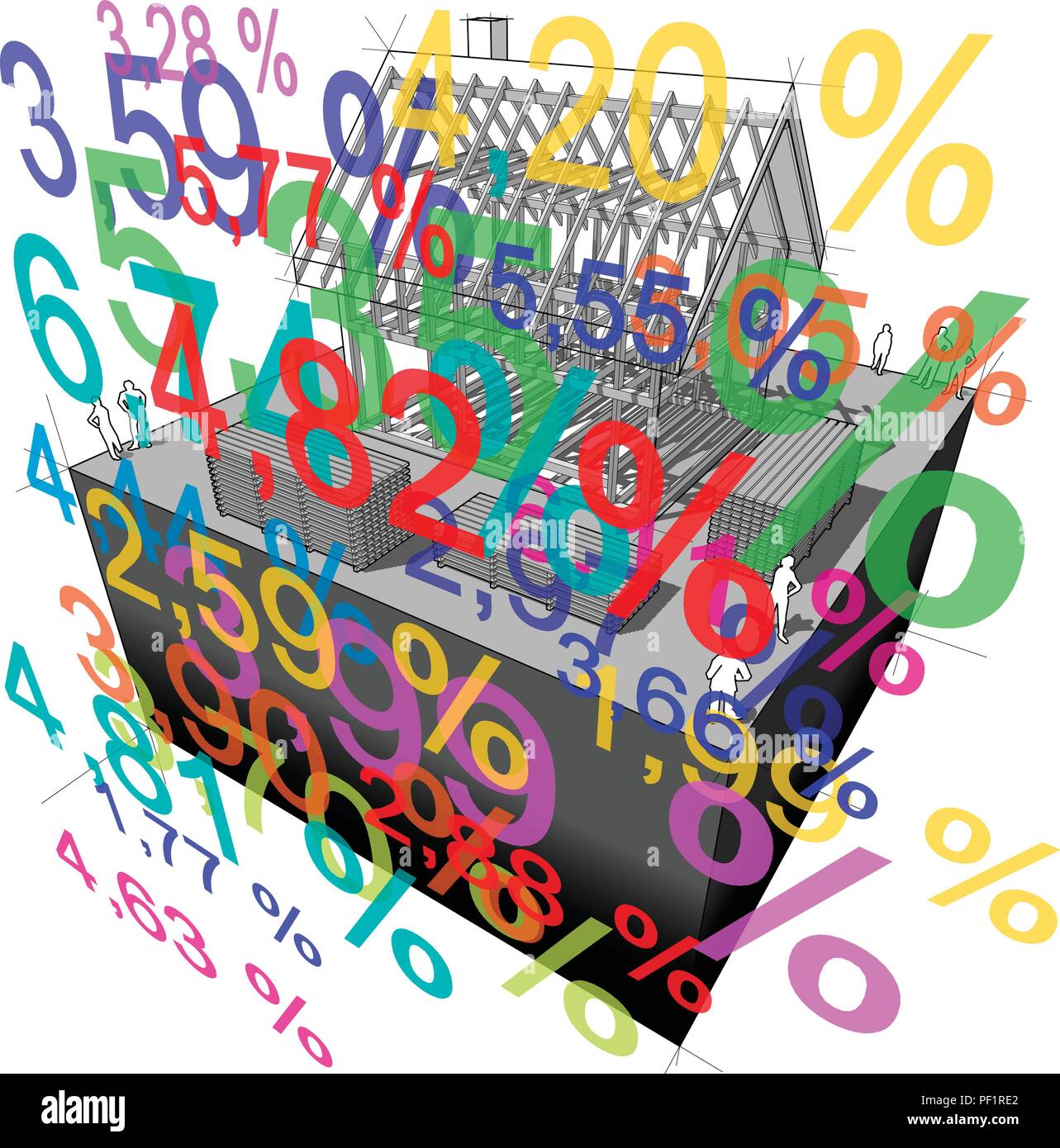 diagram of a simple detached house with many interest rate percents in ...