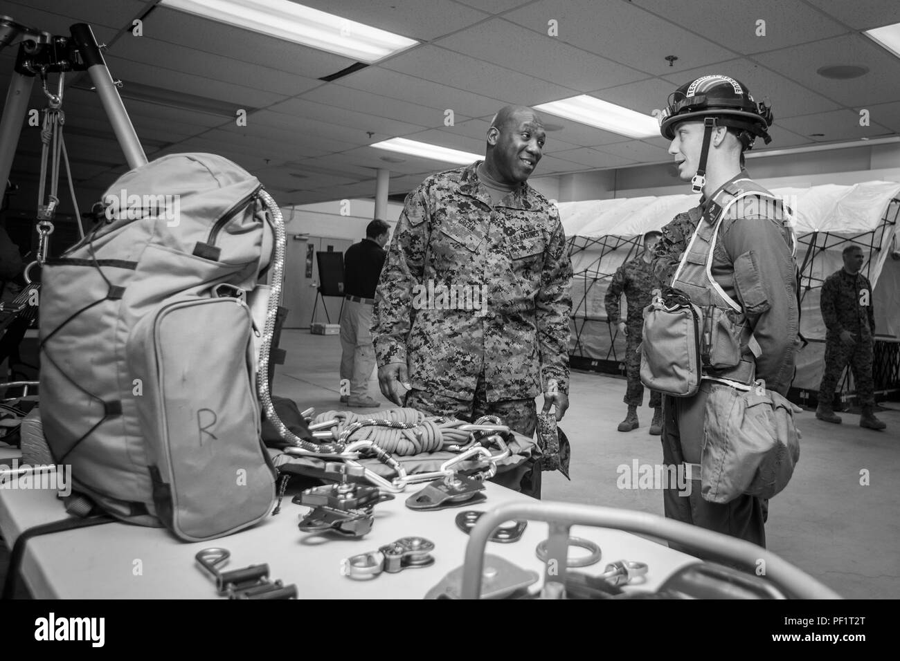 The 18th Sergeant Major of the Marine Corps, Ronald L. Green, visits Marines assigned to Chemical Biological Incident Response Force (CBIRF) aboard Naval Support Facility Indian Head, Md., Feb. 18, 2016. The mission of CBIRF is to respond to a chemical, biological, radiological, nuclear or high-yield explosive threat or event in order to assist local, state, or federal agencies and the geographical combatant commanders.  (U.S. Marine Corps photo by Sgt. Melissa Marnell, Office of the Sergeant Major of the Marine Corps/Released) Stock Photo