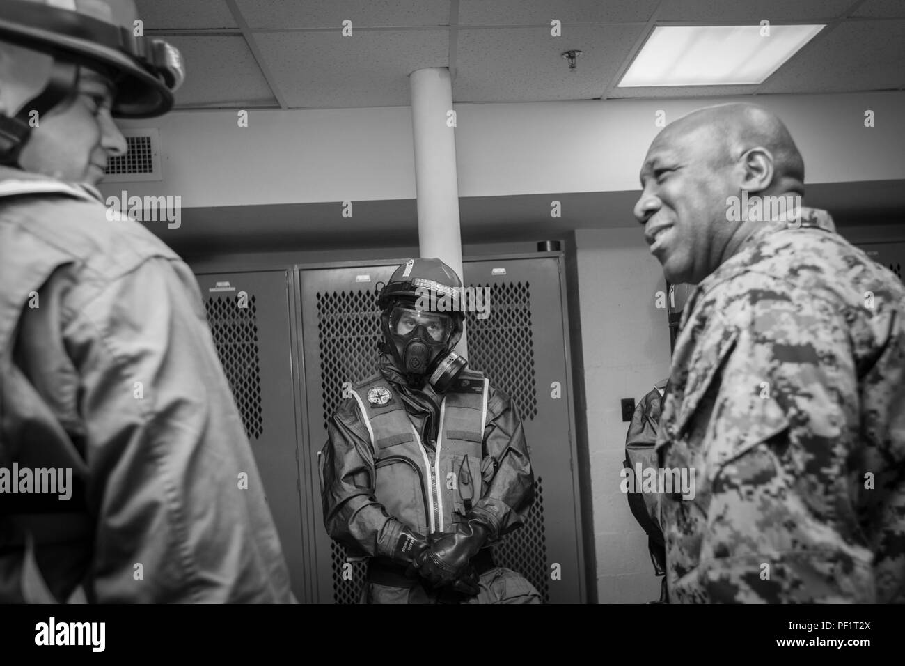 The 18th Sergeant Major of the Marine Corps, Ronald L. Green, visits Marines assigned to Chemical Biological Incident Response Force (CBIRF) aboard Naval Support Facility Indian Head, Md., Feb. 18, 2016. The mission of CBIRF is to respond to a chemical, biological, radiological, nuclear or high-yield explosive threat or event in order to assist local, state, or federal agencies and the geographical combatant commanders.  (U.S. Marine Corps photo by Sgt. Melissa Marnell, Office of the Sergeant Major of the Marine Corps/Released) Stock Photo