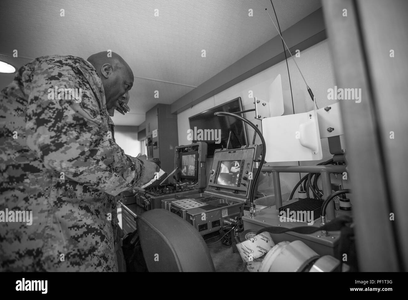 The 18th Sergeant Major of the Marine Corps, Ronald L. Green, visits Marines assigned to Chemical Biological Incident Response Force (CBIRF) aboard Naval Support Facility Indian Head, Md., Feb. 18, 2016. The mission of CBIRF is to respond to a chemical, biological, radiological, nuclear or high-yield explosive threat or event in order to assist local, state, or federal agencies and the geographical combatant commanders.  (U.S. Marine Corps photo by Sgt. Melissa Marnell, Office of the Sergeant Major of the Marine Corps/Released) Stock Photo