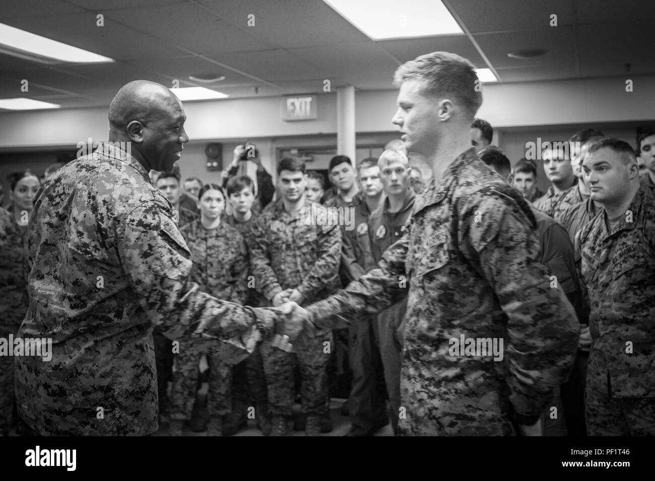 The 18th Sergeant Major of the Marine Corps, Ronald L. Green, visits Marines assigned to Chemical Biological Incident Response Force (CBIRF) aboard Naval Support Facility Indian Head, Md., Feb. 18, 2016. The mission of CBIRF is to respond to a chemical, biological, radiological, nuclear or high-yield explosive threat or event in order to assist local, state, or federal agencies and the geographical combatant commanders.  (U.S. Marine Corps photo by Sgt. Melissa Marnell, Office of the Sergeant Major of the Marine Corps/Released) Stock Photo