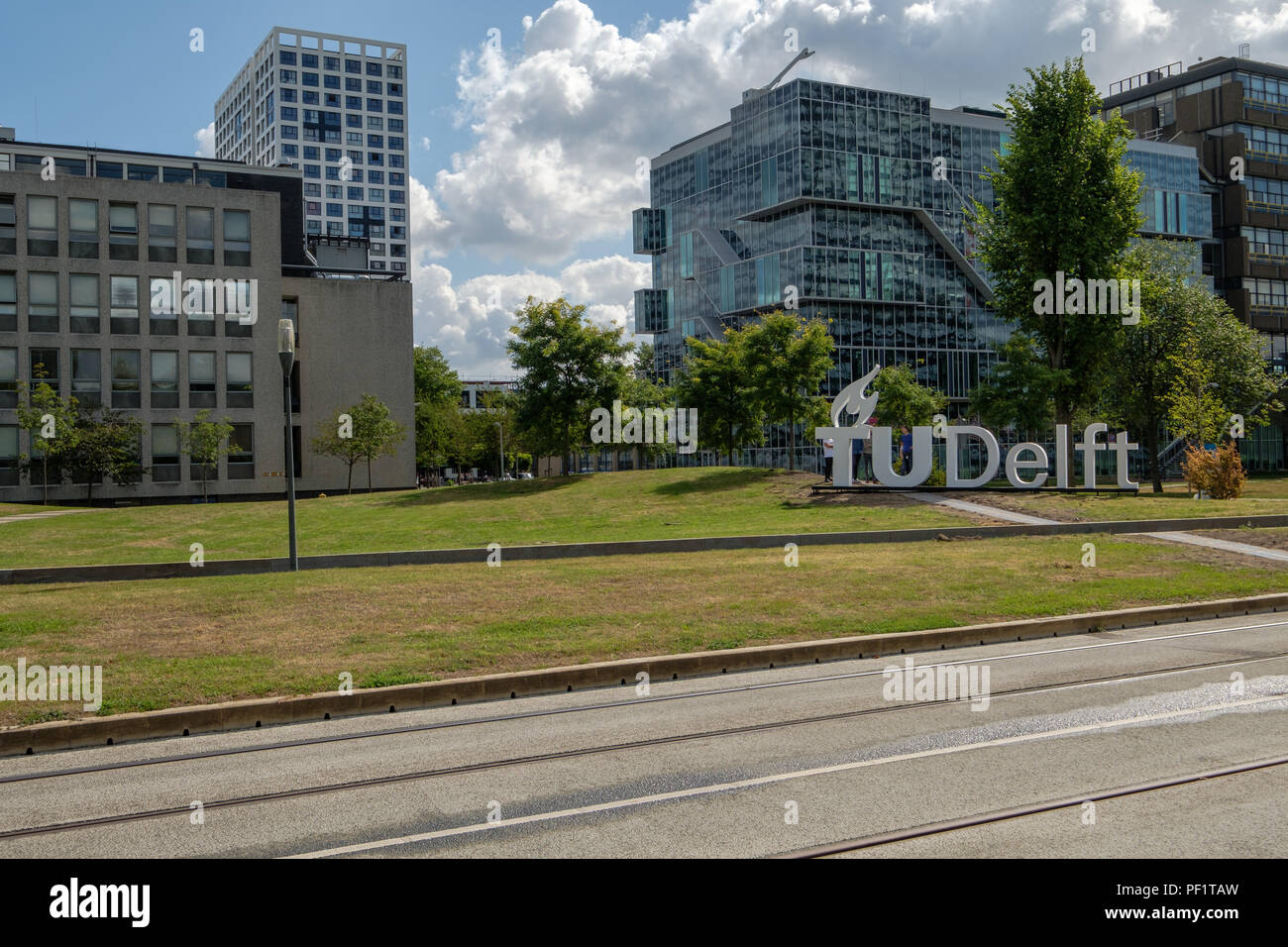 Logo of the Delft University of Technology on the campus, Netherlands Stock Photo