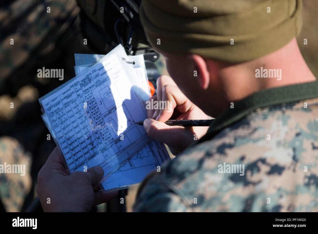 U.S. Marine Lance Cpl. Jacob B. Yoder, a student with the Marine Scout Sniper School, Advanced Infantry Training Battalion, School of Infantry-East, spots targets while conducting a known-distance course of fire at Hathcock Range, Stone Bay, Feb. 8, 2016. Students will fire various known-distance courses of fire in order to familiarize themselves with their weapon systems. (U.S. Marine Corps photo by SOI-East Combat Camera, Cpl. Andrew Kuppers/Released) Stock Photo