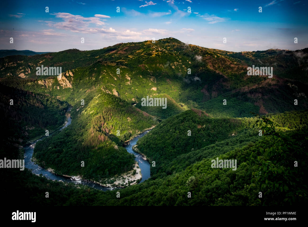 A meander in the Arda River near the town of Ardino in the eastern Rhodope Mountains. Stock Photo