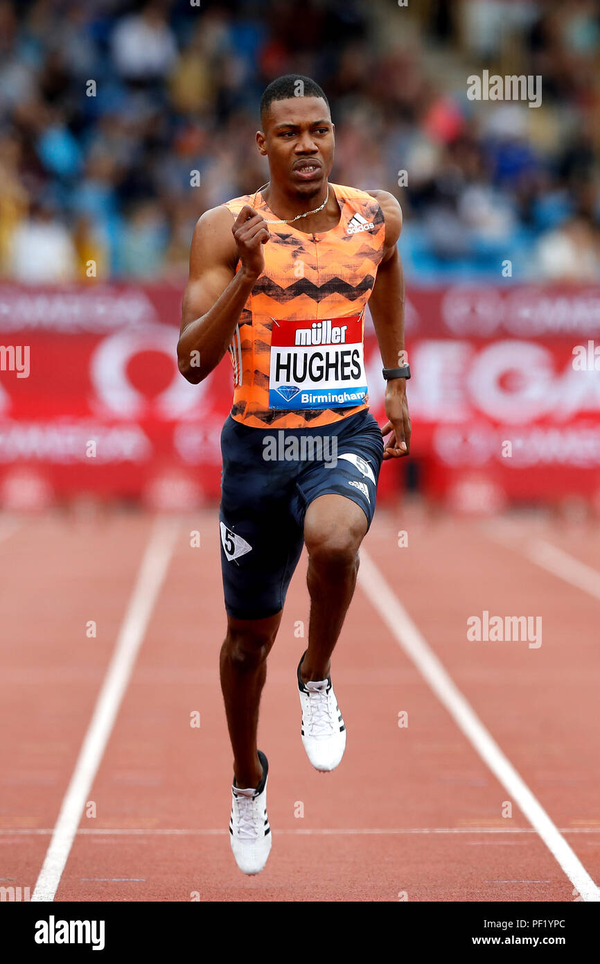 Great Britain's Zharnel Highes competes in the Men's 100m Heat 1 during the Muller Grand Prix at Alexander Stadium, Birmingham. PRESS ASSOCIATION Photo. Picture date: Saturday August 18, 2018. See PA story Athletics Birmingham. Photo credit should read: Martin Rickett/PA Wire Stock Photo