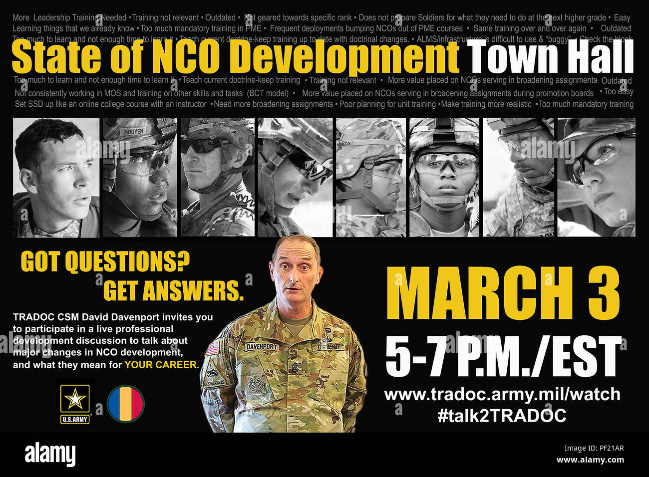 The U.S. Army Training and Doctrine Command will host a State of NCO Development town hall that will be streamed live via a webcast March 3, 5 to 7 p.m. To watch the webcast online, visit www.tradoc.army.mil/watch. (U.S. Army graphic) Stock Photo
