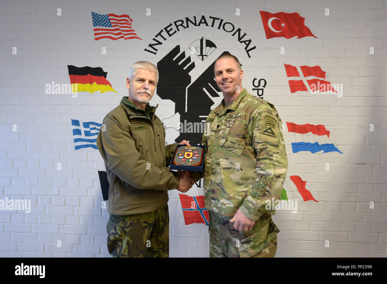 Czech Republic Army Gen. Petr Pavel, chairman of the NATO Military Committee is hosted by the staff of the International Special Training Centre for a tour of the multinational training facility located on Staufer Kaserne, Pfullendorf, Germany, Feb. 25, 2016. (U.S. Army photo by Visual Information Specialist Jason Johnston/Released) Stock Photo