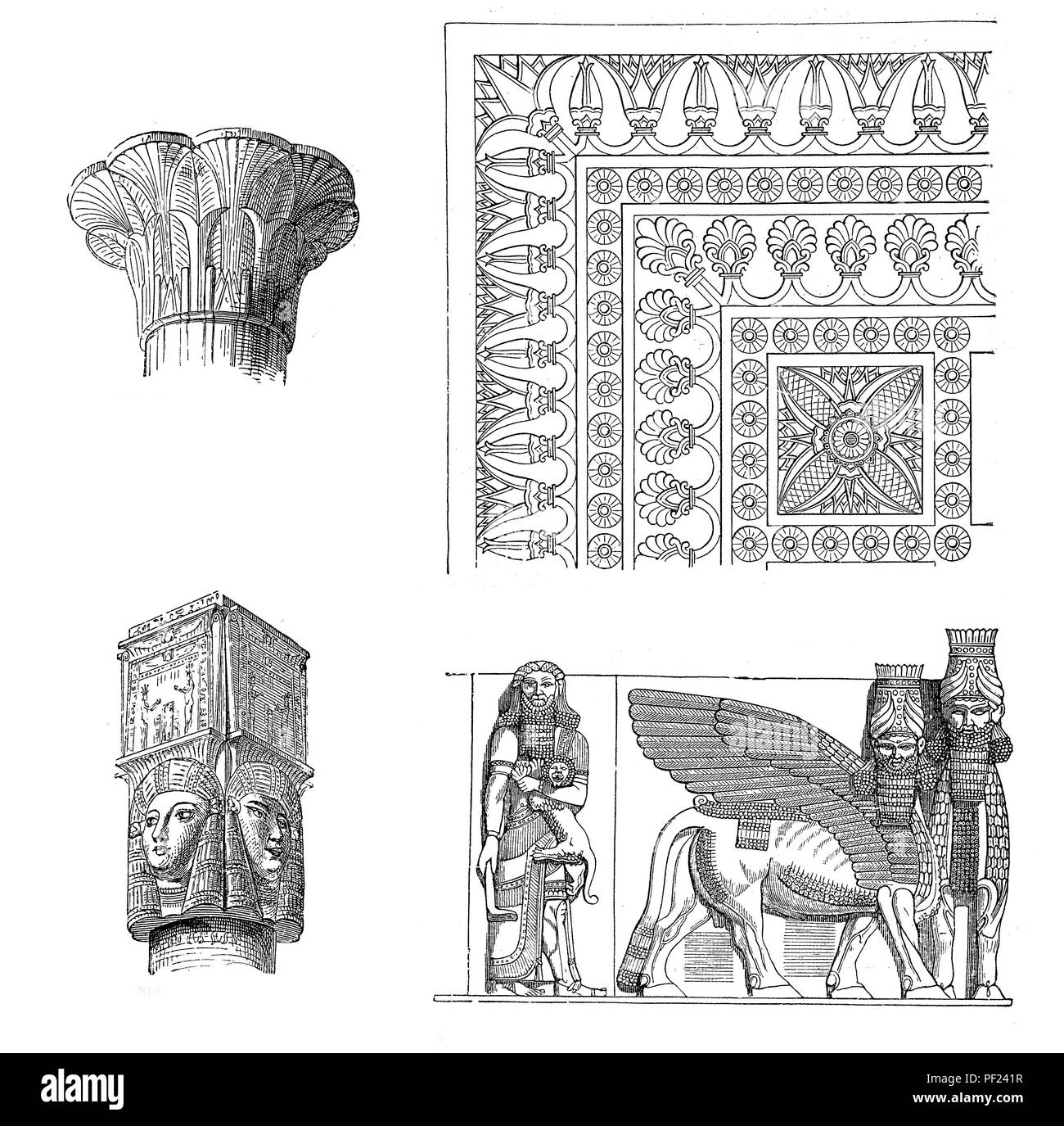 Ancient civilizations art and architecture: capital of Esna, capital of Dendera, floor ornament  and reliefs of the portal of Khorsabad Stock Photo
