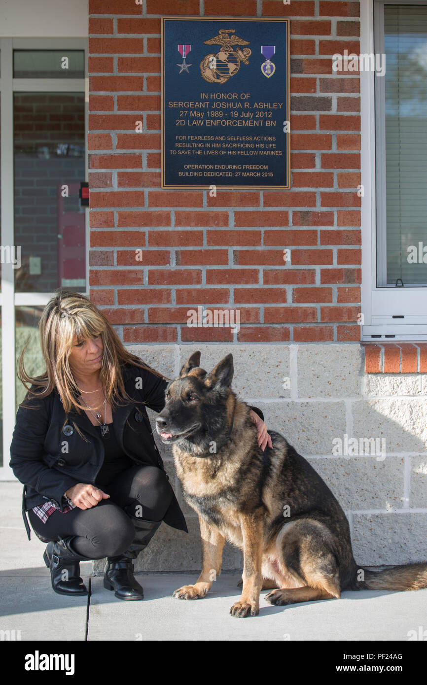 Tammie Ashley sits outside of the 2nd Law Enforcement Battalion kennels