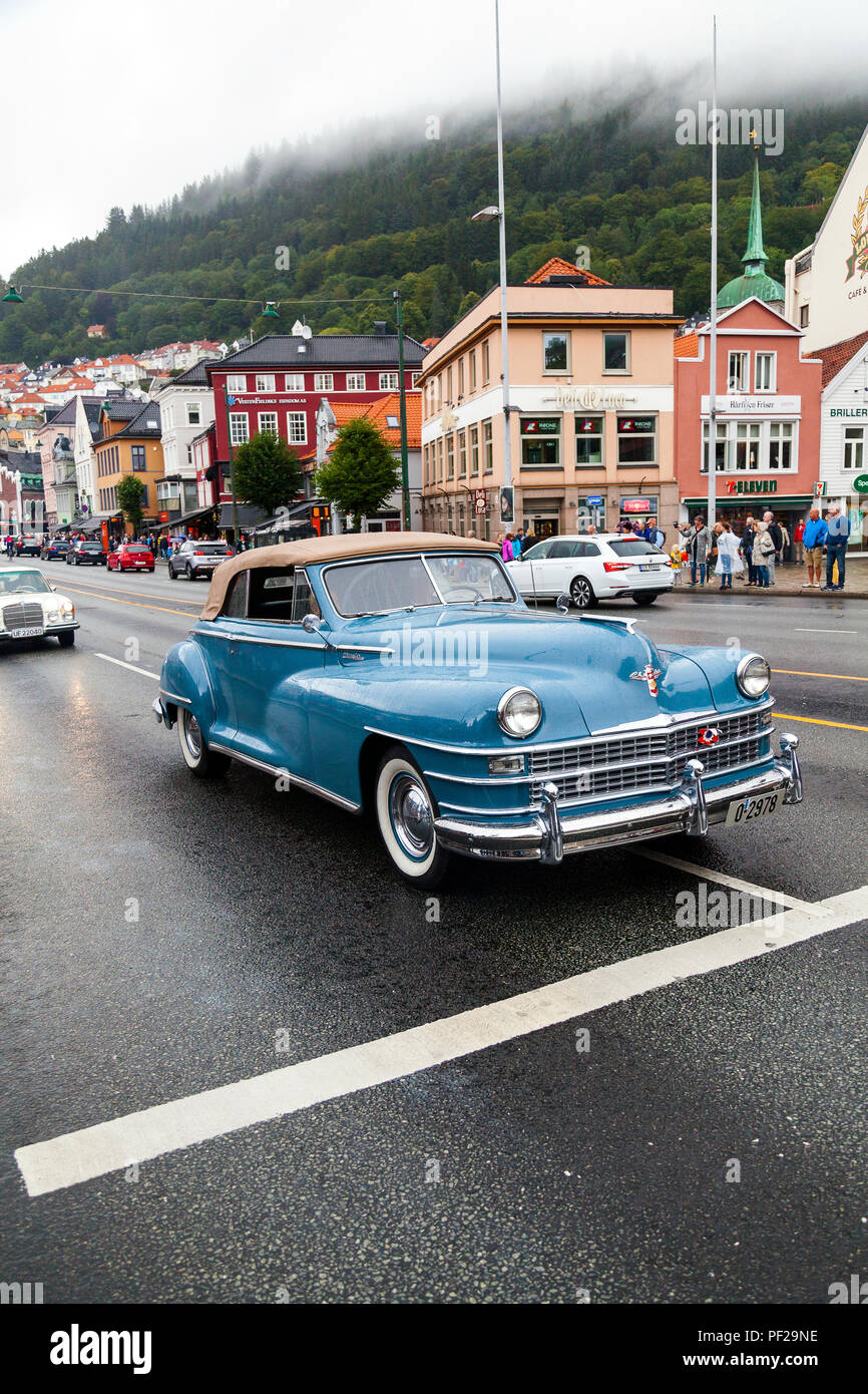 CHRYSLER NEW YORKER, 1948 model, six seats,blue. Classic cars parading through the port area in Bergn, Norway. Fjordsteam 2018,. Stock Photo
