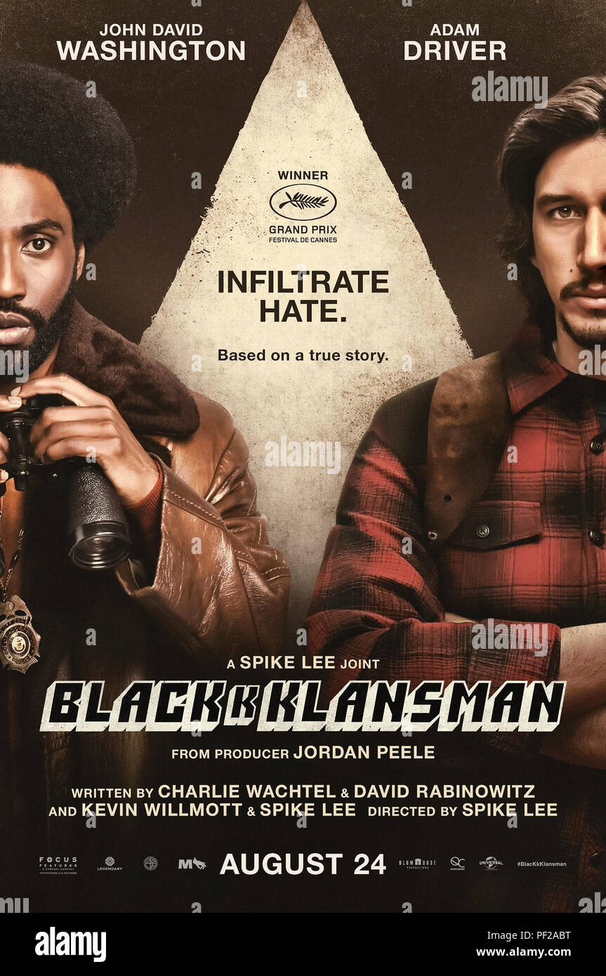 BlacKkKlansman (2018) directed by Spike Lee and staring John David Washington, Adam Driver, Laura Harrier and Alec Baldwin. The true story of Ron Stallworth, an African-American police officer who with the help of a colleague infiltrates the local chapter of the Ku Klux Klan in Colorado. Stock Photo