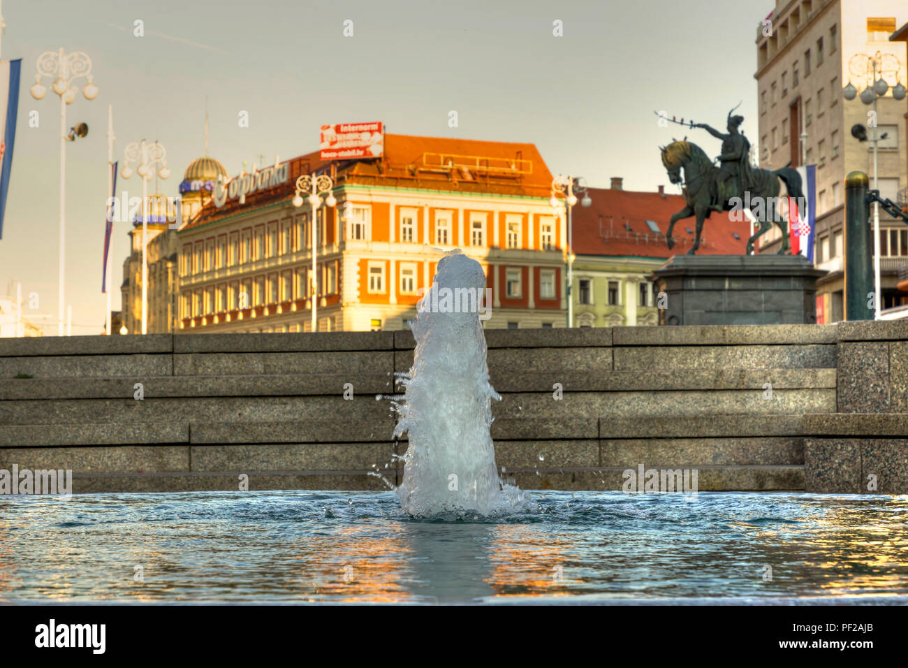 Mandusevac fountain in main square in Zagreb on a sunny day Stock Photo