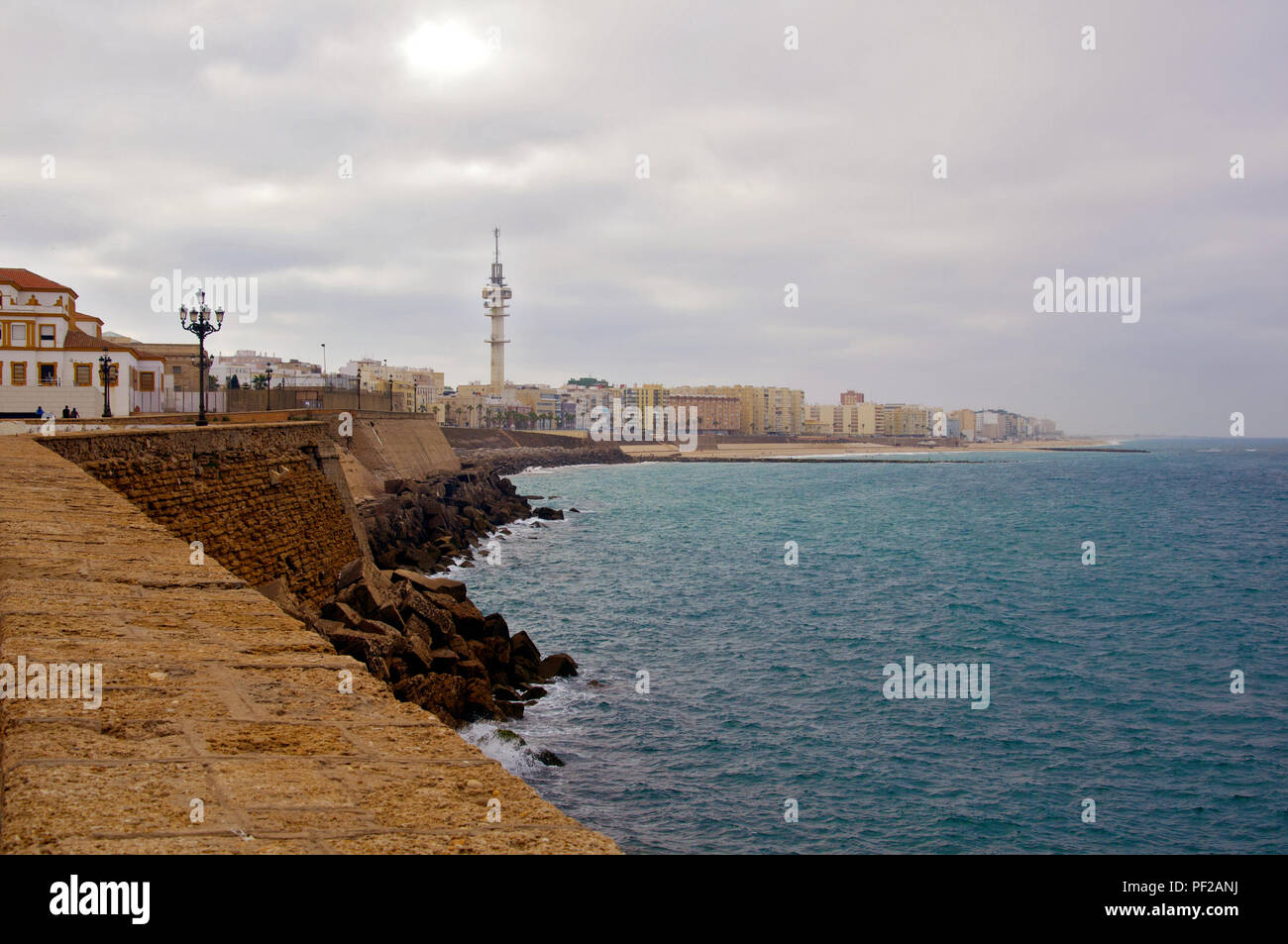 View of boulevard with sea and city, Cadiz, Spain Stock Photo