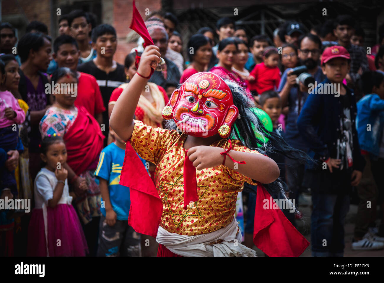 kathmandu,Nepal - Aug 17,2018: Lakhey Dance is one of the most popular dances of Nepal. Performers wearing a Lakhe costume and mask perform dances on  Stock Photo