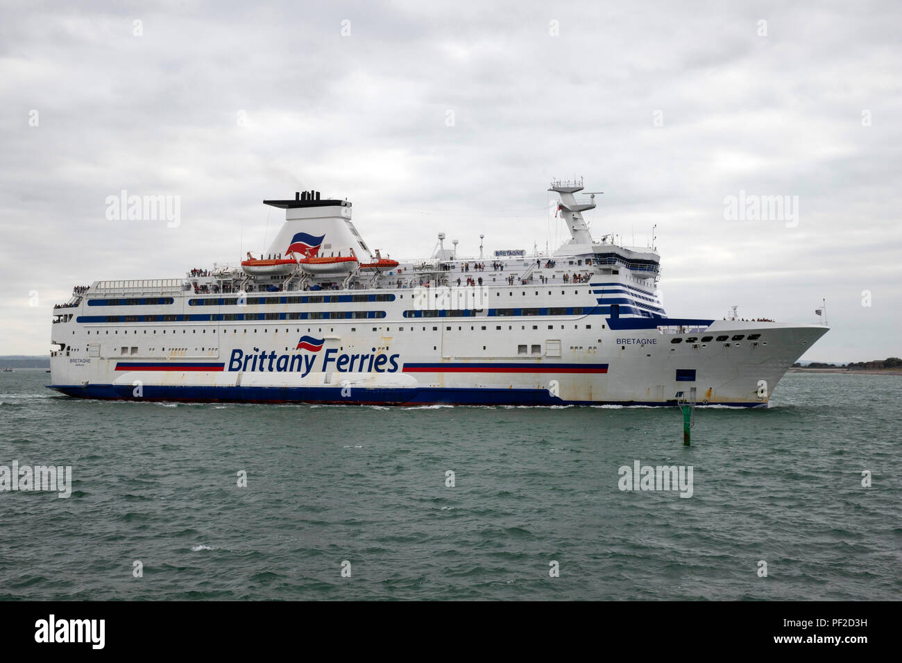Brittany Ferries ferry Bretagne arriving at Portsmouth from Saint Malo, France on 18 August 2018. Taken from the Hot Walls, Portsmouth Stock Photo