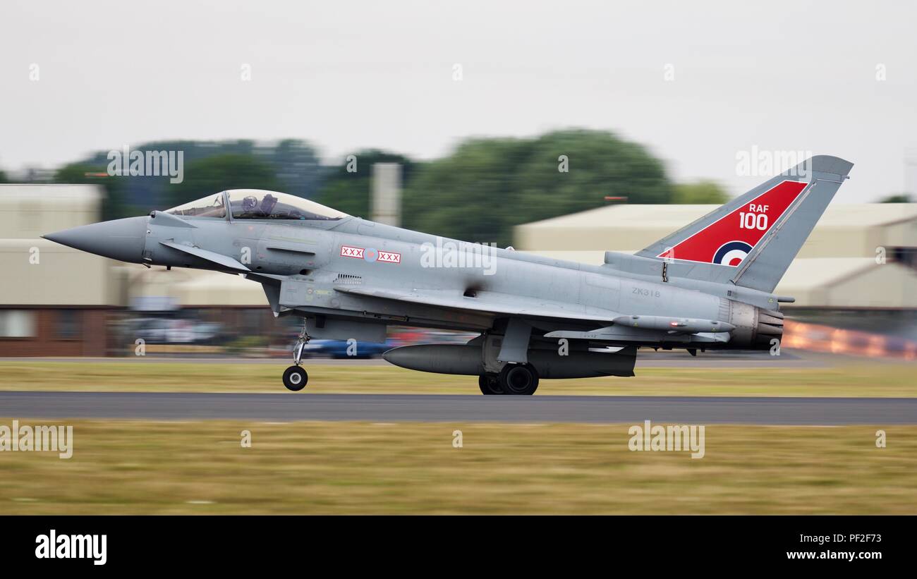RAF Eurofighter Typhoon FGR4 with the RAF100 Logo on the tail celebrating the centenary of the Royal Air Force at the RIAT 2018 Stock Photo