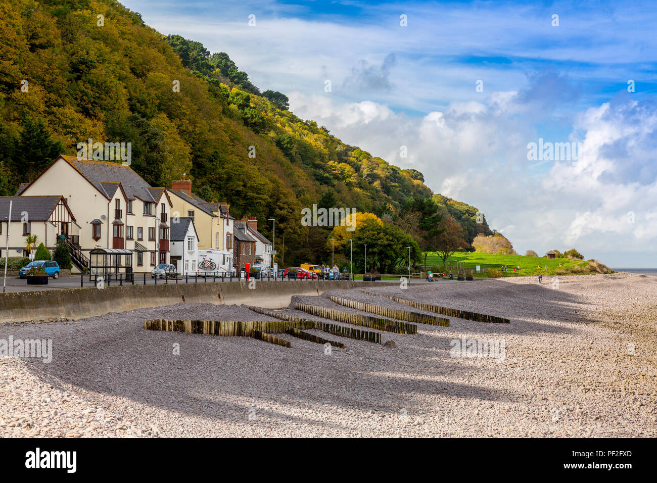 The wooded slopes of North Hill almost reach the sea wall at Minehead