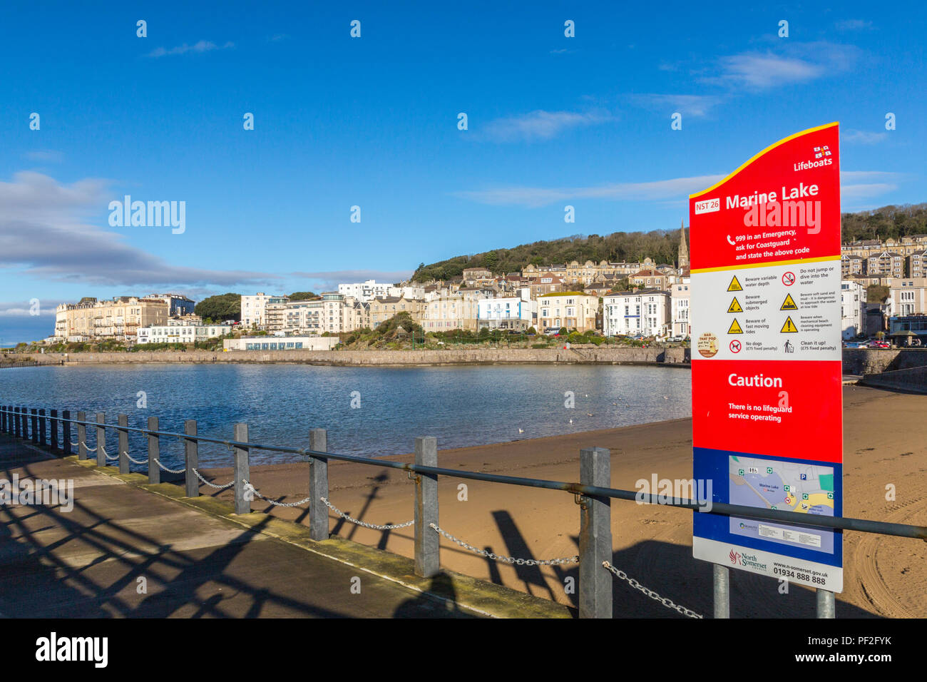 The Marine Lake and seafront hotels at Weston-super-Mare, North Somerset, England, UK Stock Photo