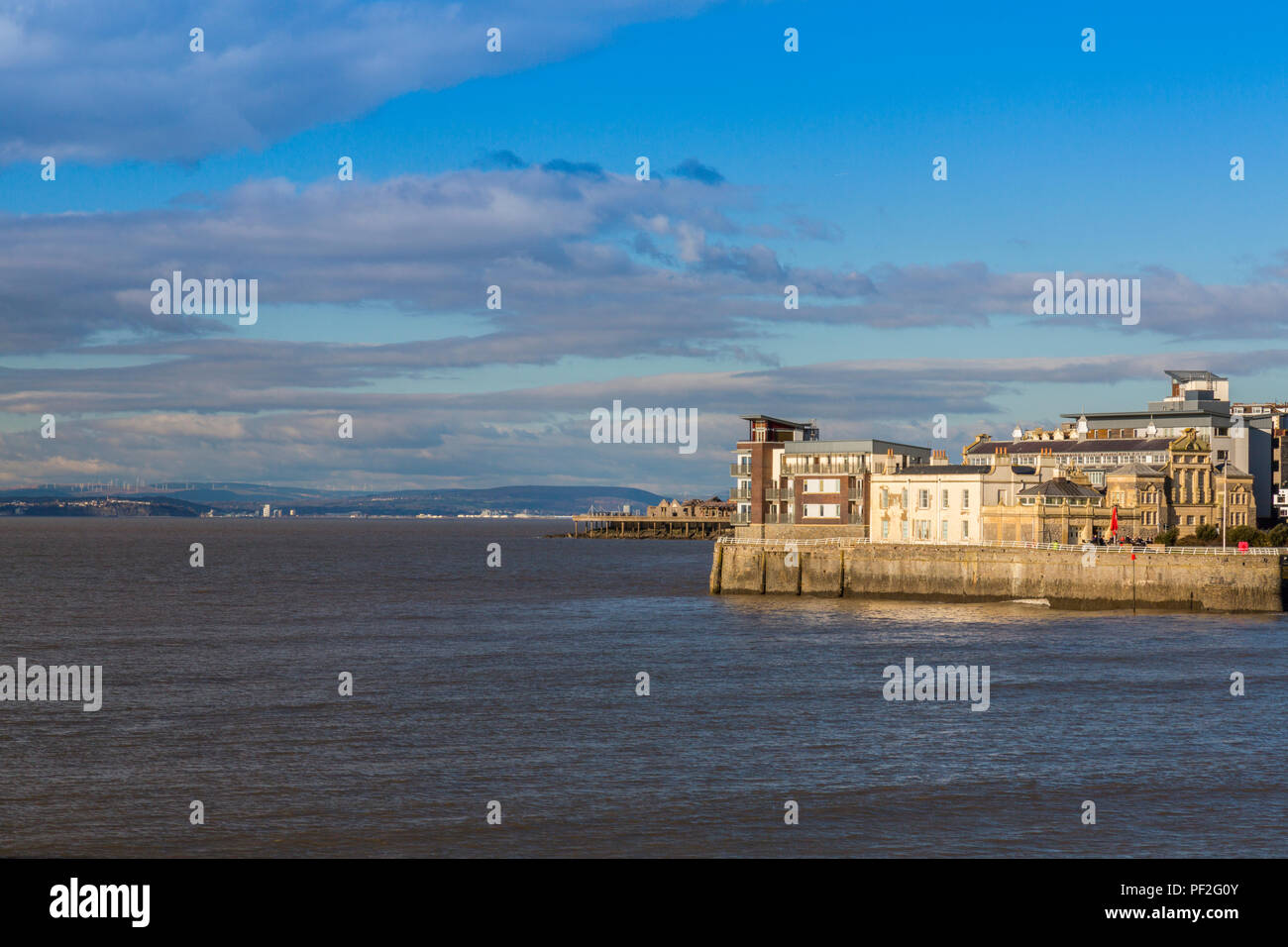 Looking across the  Bristol Channel towards the South Wales coastline at Cardiff from Weston-super-Mare, North Somerset, England, UK Stock Photo