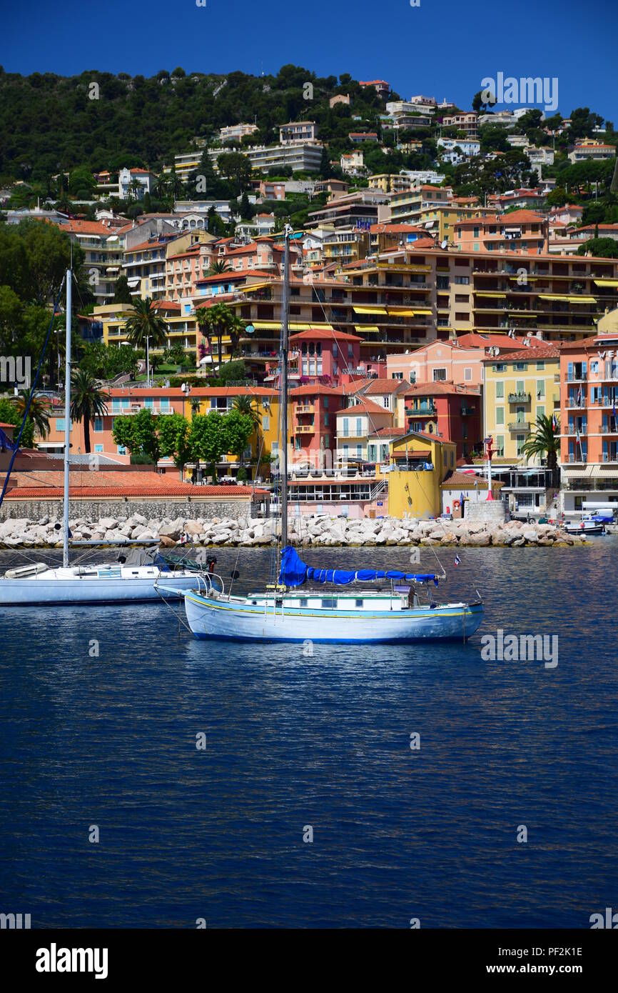 The harbor and waterfront of the village of Villefranche-Sur-Mer on the Cote D'Azur, France Stock Photo