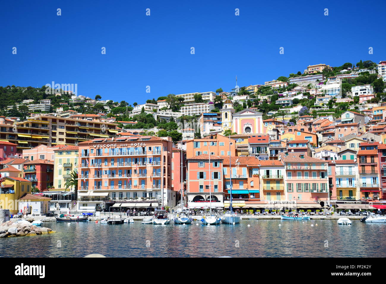The harbor and waterfront of the village of Villefranche-Sur-Mer on the Cote D'Azur, France Stock Photo