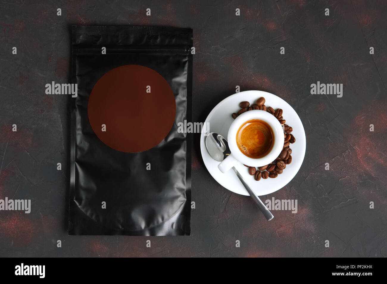 Cup of coffee and vacuum coffee package. Pack template for your design and branding. Stock Photo