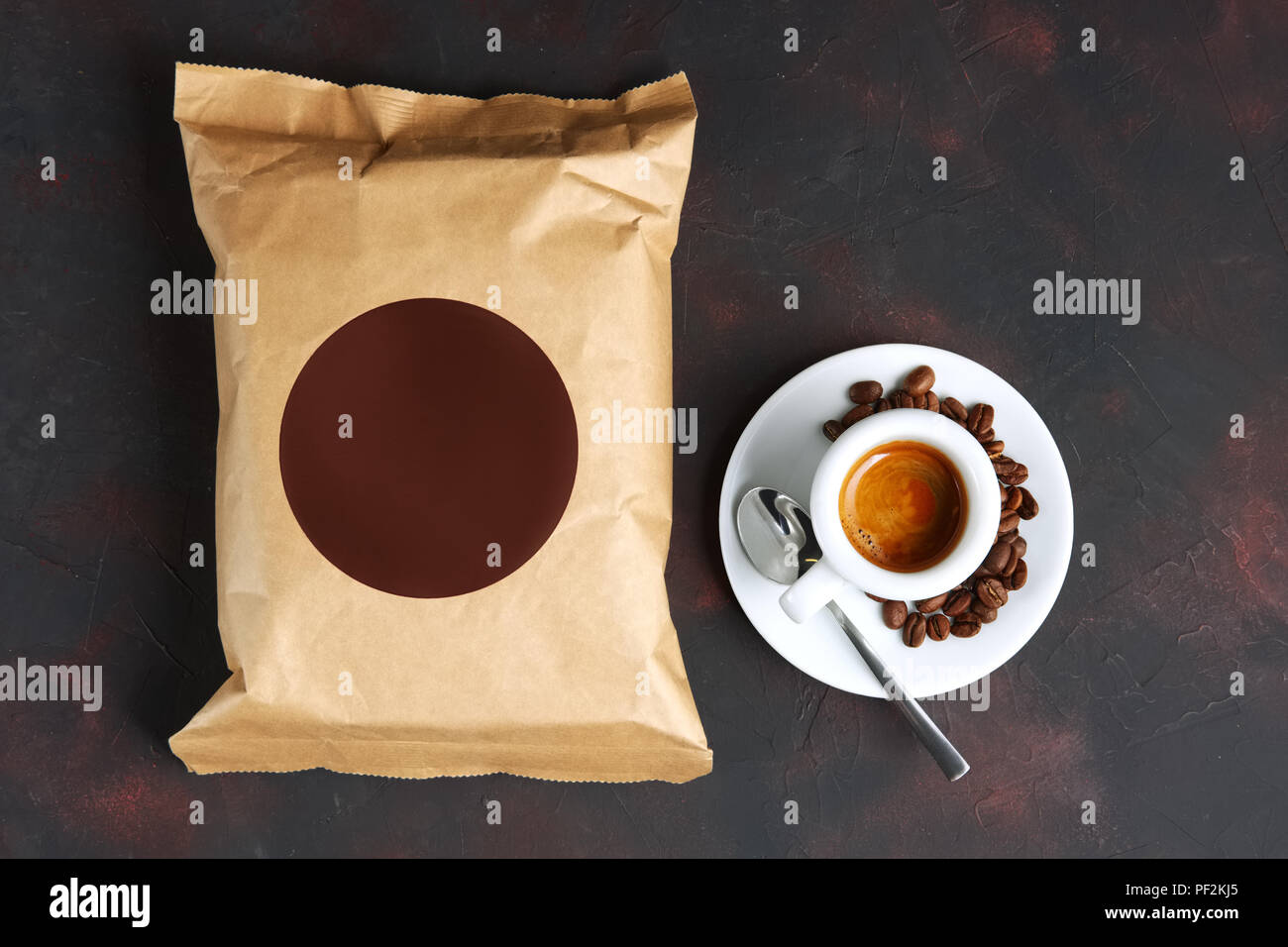 Cup of coffee and vacuum coffee package. Pack template for your design and branding. Stock Photo