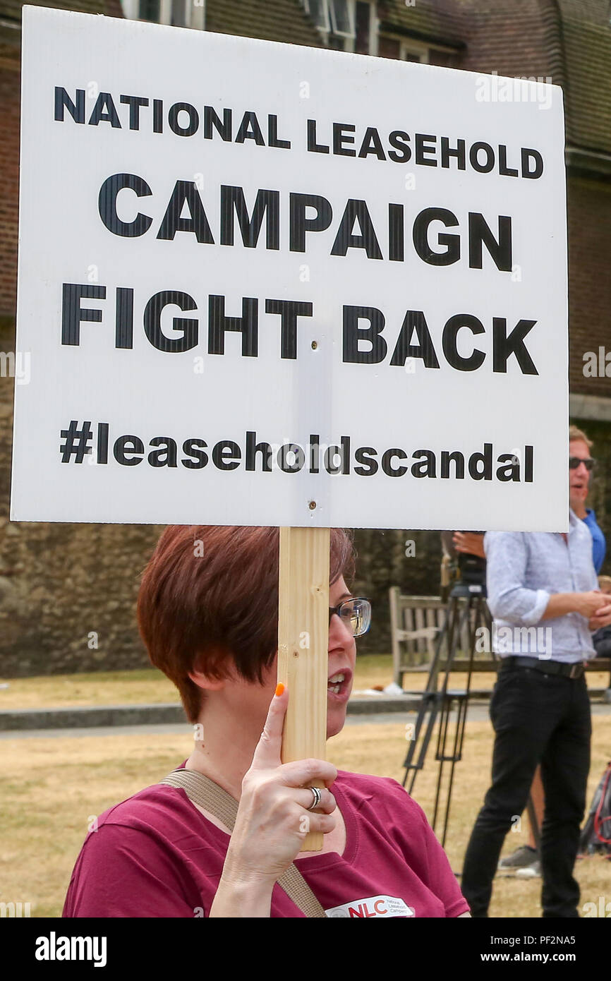 Members of the National Leasehold Campaign (NLC) stage a protest opposite the Parliament over the scandal of property leaseholder rights which currently allow landlords to buy and sell property freeholds with little or no control over service charges or ground rent.  Featuring: Atmosphere, View Where: London, United Kingdom When: 18 Jul 2018 Credit: Dinendra Haria/WENN Stock Photo
