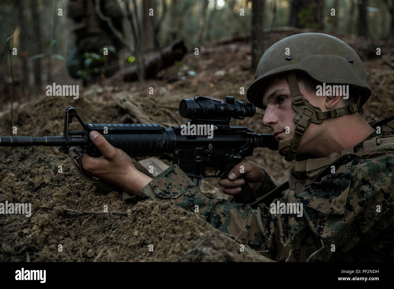 A U.S. Navy Corpsman assigned to Field Medical Training Battalion East (FMTB-E), provides security during a final exercise (FINEX) at Camp Johnson, N.C., Feb. 29, 2016. FINEX is a culminating event at FMTB-E which transitions Sailors into the Fleet Marine Force. (U.S. Marine Corps photo by Sgt. James R. Skelton/Released) Stock Photo