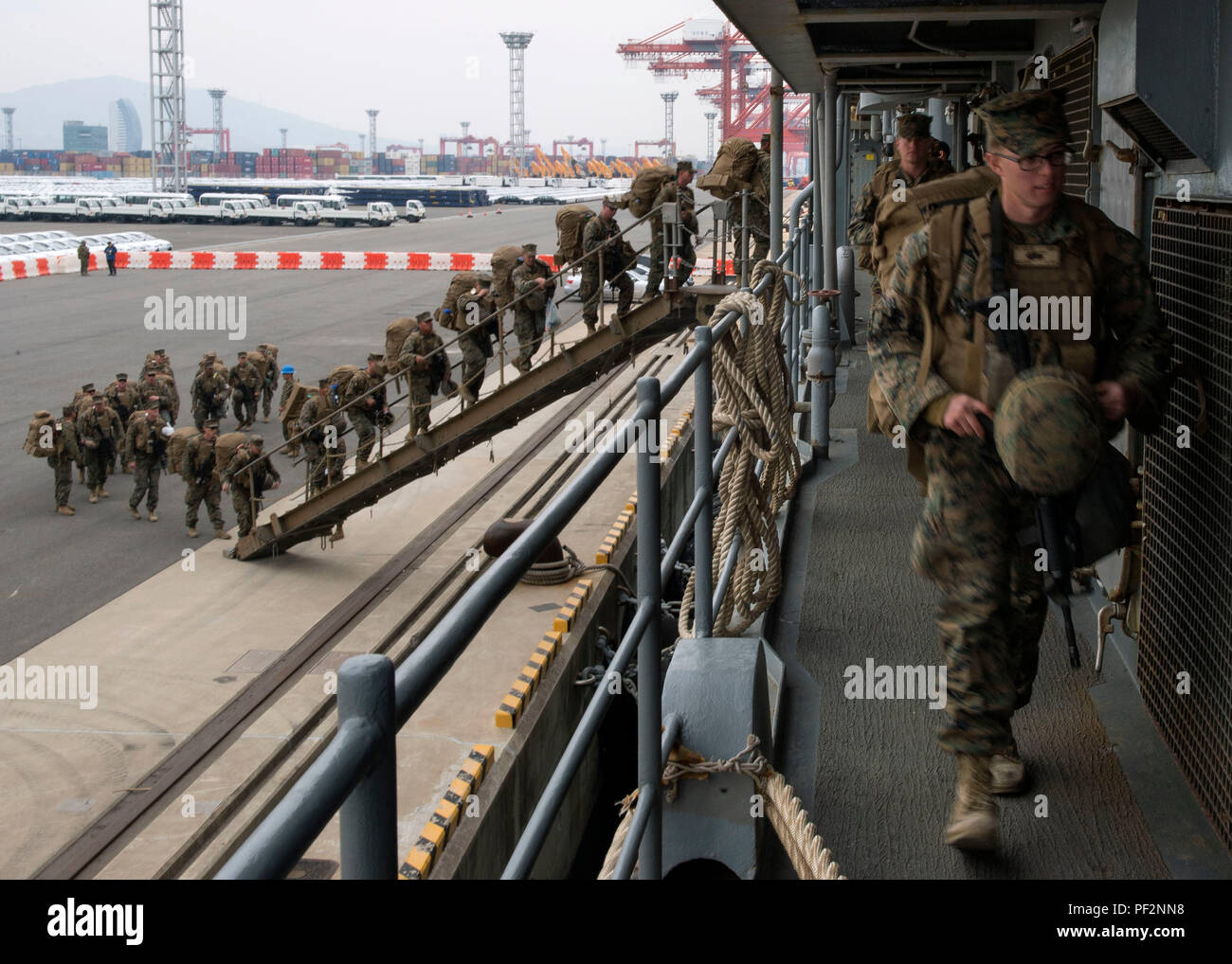 160313-N-KB426-027GWANGYANG, REPUBLIC OF KOREA (Mar. 13, 2016) – Marines, attached to Delta Company 1st Tank Battalion, Delta Company, 1st U.S. Marine Division, embark amphibious dock landing ship USS Germantown (LSD 42). Germantown is assigned to the Bonhomme Richard Expeditionary Strike Group (BHRESG) and is participating in Ssang Yong 16 a biennial combined amphibious exercise designed to strengthen interoperability and working relationships across a wide range of military operations from disaster relief to complex expeditionary operations. (U.S. Navy photo by Mass Communication Specialist  Stock Photo