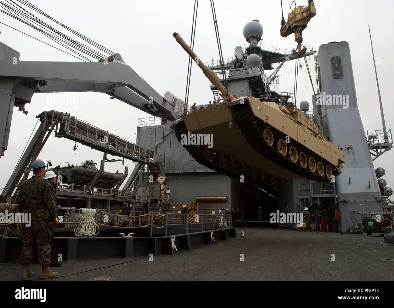 160313-N-KB426-043  GWANGYANG, Republic of Korea (March 13, 2016) Amphibious dock landing ship USS Germantown (LSD 42) onloads a M1A1 Abrams Main Battle Tank, attached to Delta Company 1st Tank Battalion, Delta Company, 1st U.S. Marine Division. Germantown is assigned to the Bonhomme Richard Expeditionary Strike Group (BHRESG) and is participating in Ssang Yong 16 a biennial combined amphibious exercise designed to strengthen interoperability and working relationships across a wide range of military operations from disaster relief to complex expeditionary operations. (U.S. Navy photo by Mass C Stock Photo