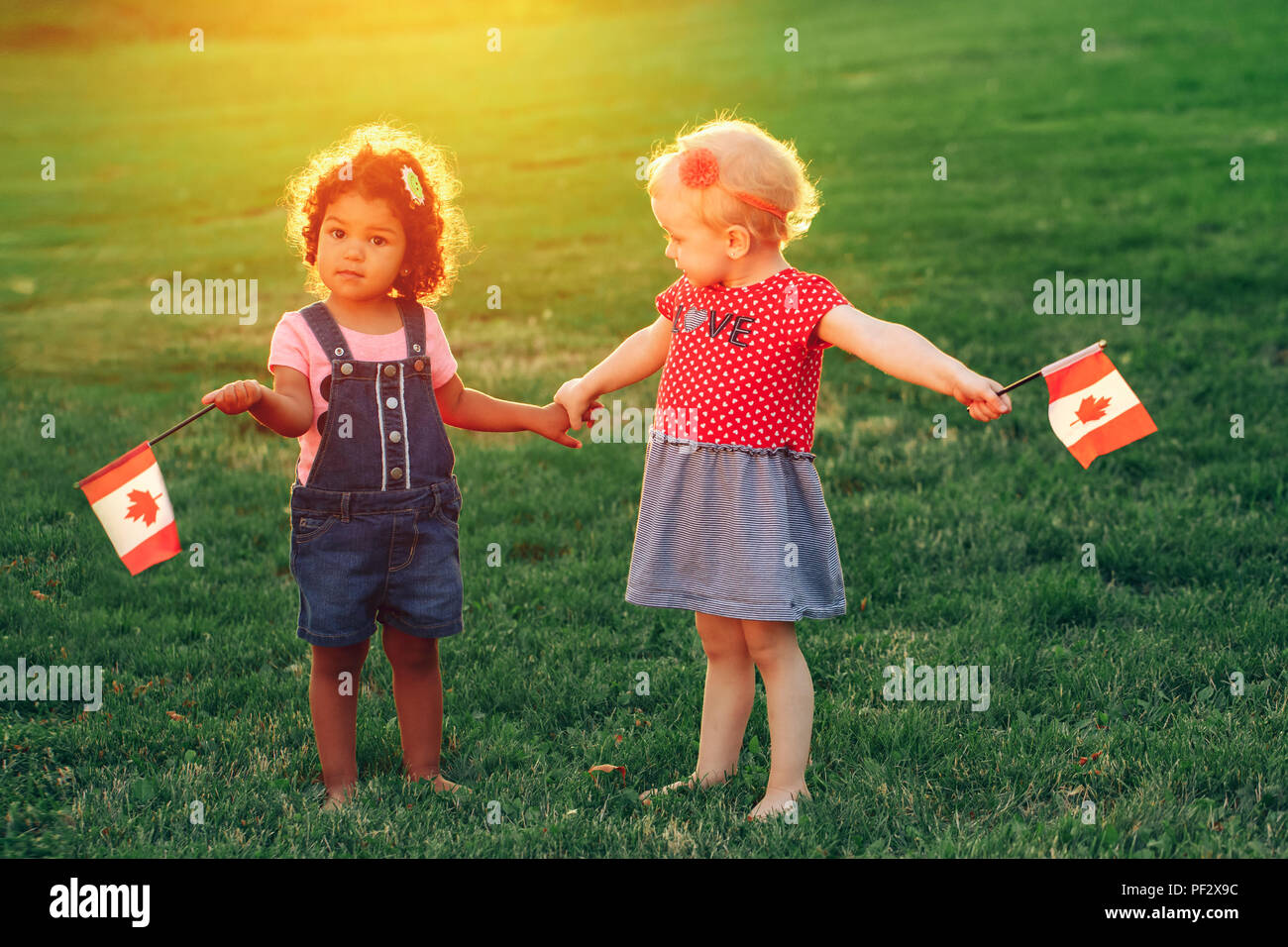 Happy adorable little blond Caucasian and hispanic latin girsl smiling holding hands and waving Canadian flags in park outdoors. Multiracial children  Stock Photo