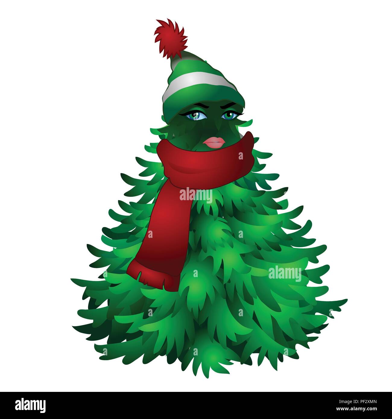 Christmas tree with woman face and striped hat with scarf isolated on white background. Sketch for greeting card, festive poster or party invitations.The attributes of Christmas and New year. Vector Stock Vector