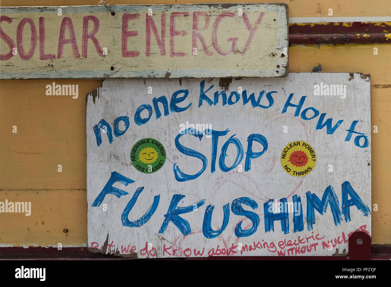 stop Fukushima and solar energy sign Stock Photo