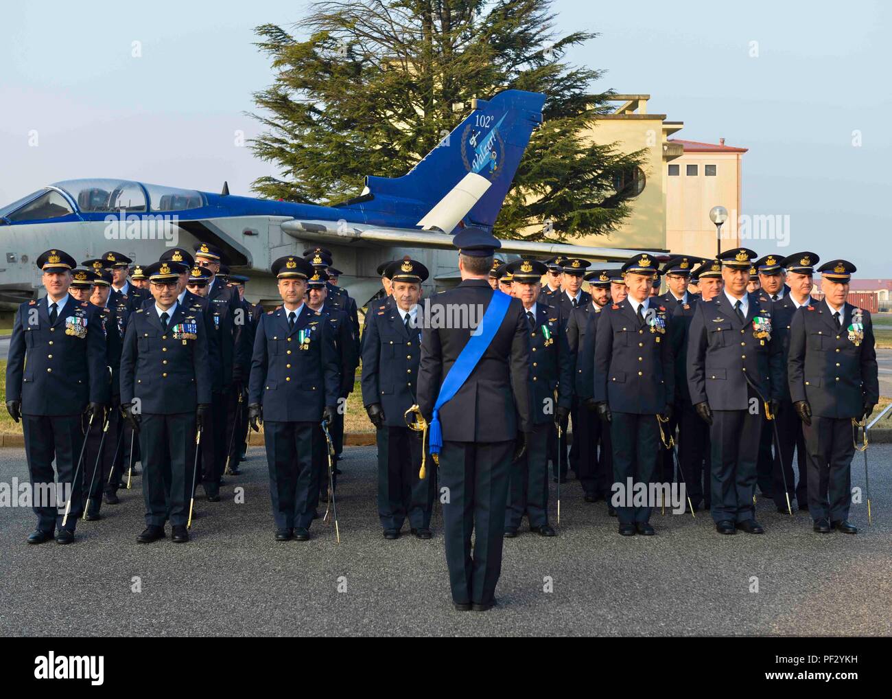 The Italian Royal Air Force was created on March 28, 1923, which became the Aeronautica Militare (Italian Air Force) later. Brig. Gen. Lance Landrum, 31st Fighter Wing commander, attended the ceremony commemorating the event. (U.S. Air Force photo by Staff Sgt. Austin Harvill) Stock Photo