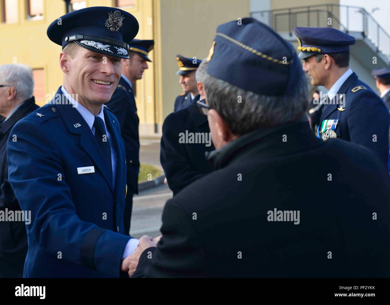 The Italian Royal Air Force was created on March 28, 1923, which became the Aeronautica Militare (Italian Air Force) later. Brig. Gen. Lance Landrum, 31st Fighter Wing commander, attended the ceremony commemorating the event. (U.S. Air Force photo by Staff Sgt. Austin Harvill) Stock Photo