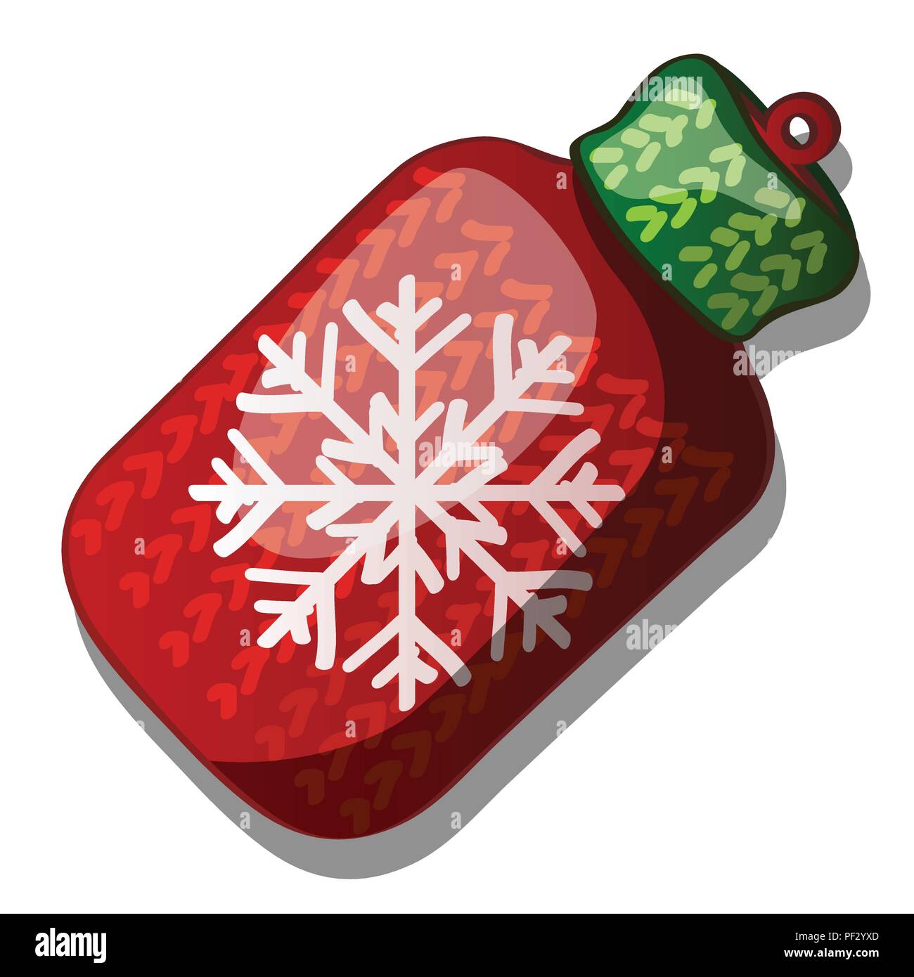 Christmas toy in the form of a woolen knitted flask red and green color with snowflake isolated on white background. Colorful festive baubles. Attribute of New year and Christmas. Vector illustration. Stock Vector