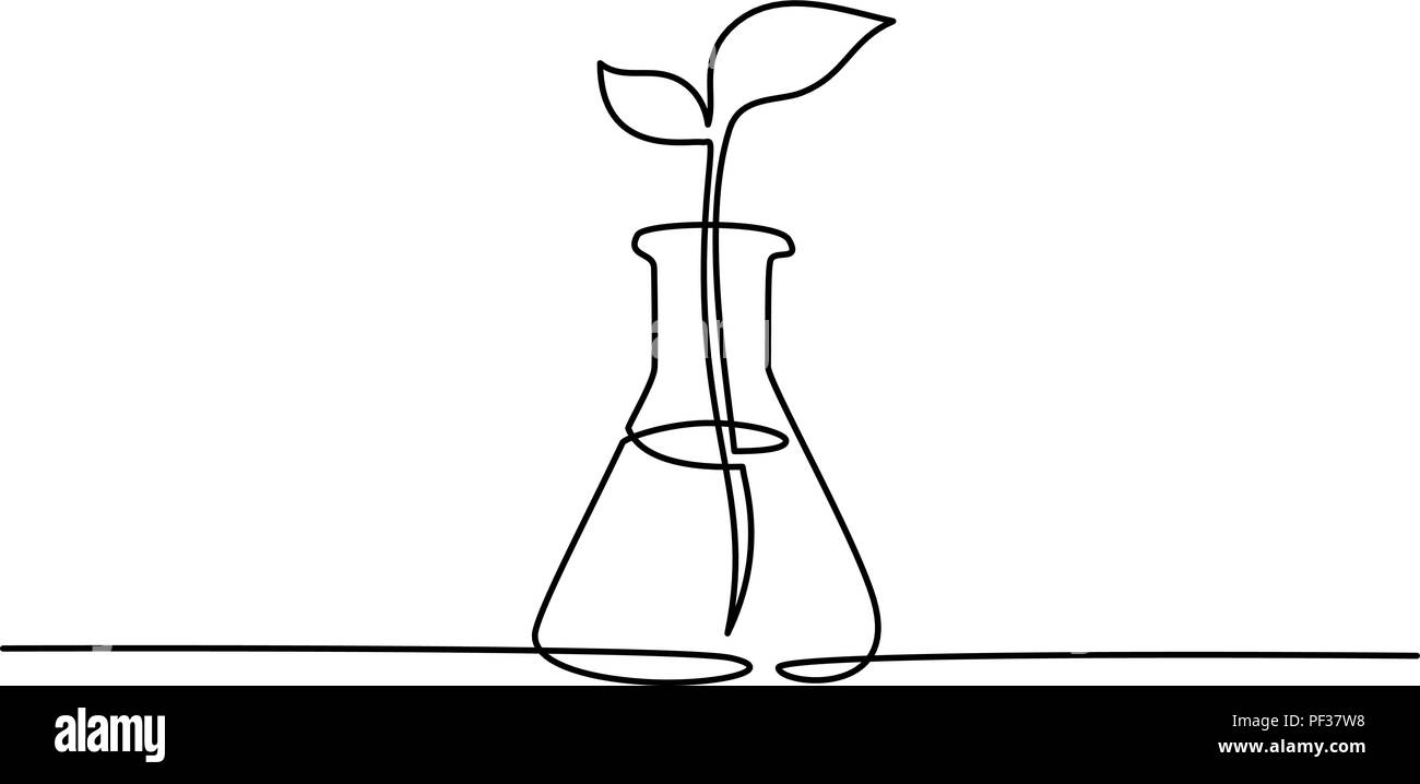 Continuous one line drawing. Chemical lab retort with sprout plant. Vector illustration Stock Vector