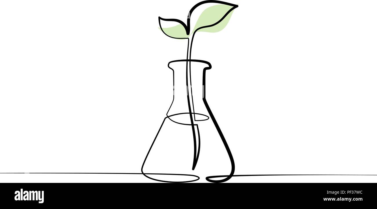 Continuous one line drawing. Chemical lab retort with sprout plant. Vector illustration Stock Vector