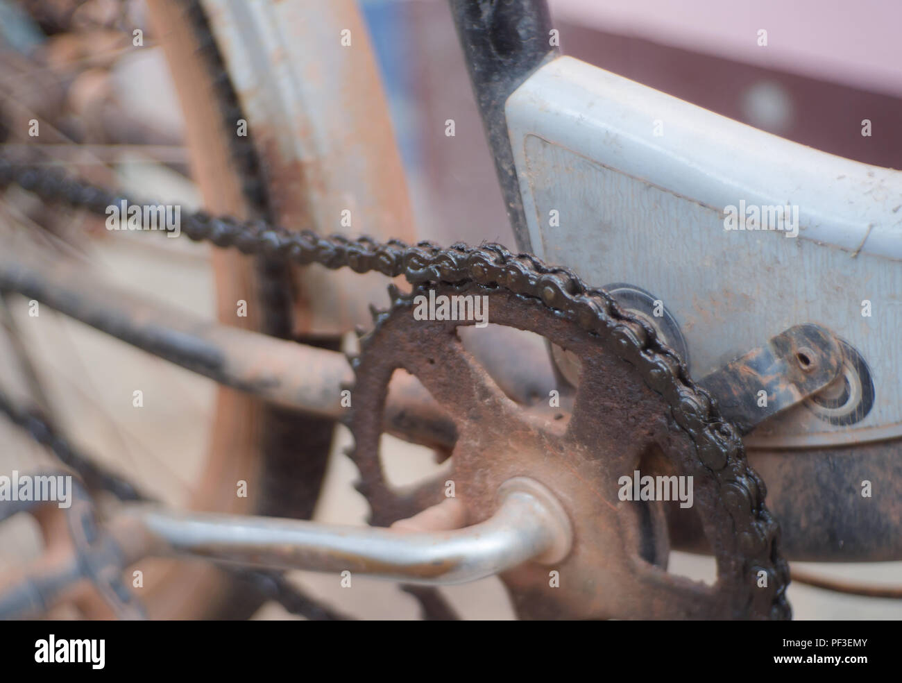 Close up Bicycle chain dirty from Lubricating oil (grease Stock Photo