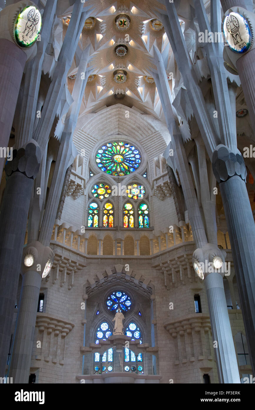 BARCELONA, SPAIN MARCH 19, 2018 : touring the magnificent interior of the Basilica Temple Expiatori de la Sagrada Familia Stock Photo